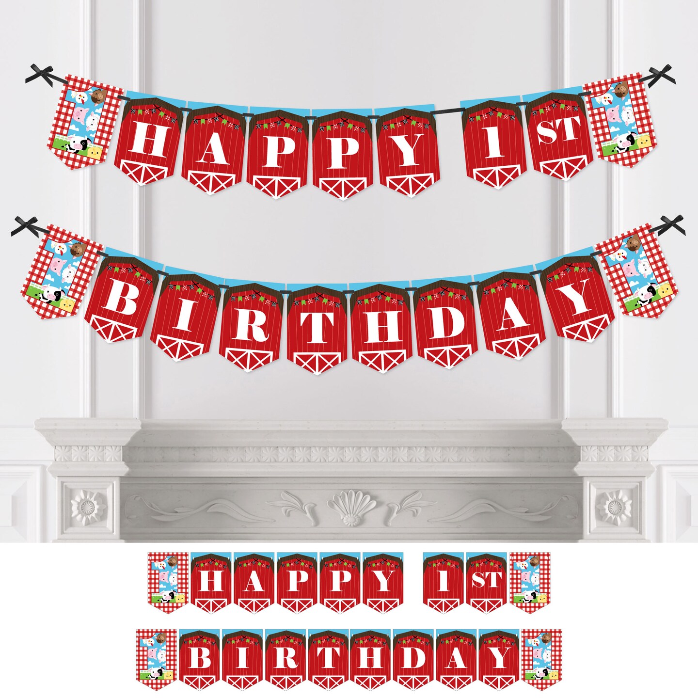Big Dot of Happiness 1st Birthday Farm Animals - Barnyard First Birthday Party Bunting Banner - Party Decorations - Happy 1st Birthday