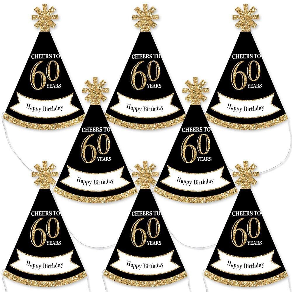 Big Dot of Happiness Adult 60th Birthday - Gold - Mini Cone Birthday Party Hats - Small Little Party Hats - Set of 8