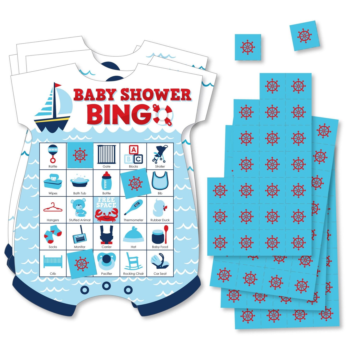 Big Dot of Happiness Ahoy It&#x27;s a Boy - Picture Bingo Cards and Markers - Nautical Baby Shower Shaped Bingo Game - Set of 18