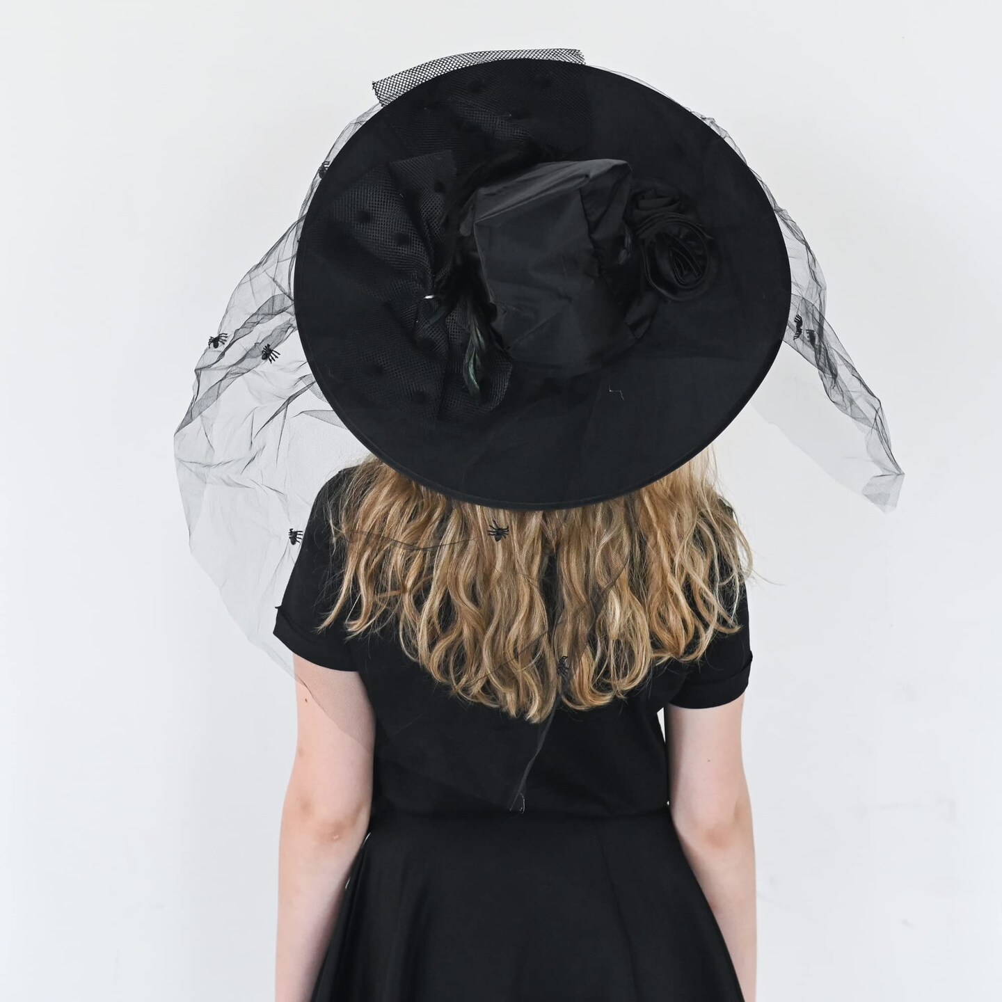 Deluxe Pointed Witch Hat - Glamorous Black Witches Accessories Fancy Satin Hat with Bow, Spiders and Black Feathers