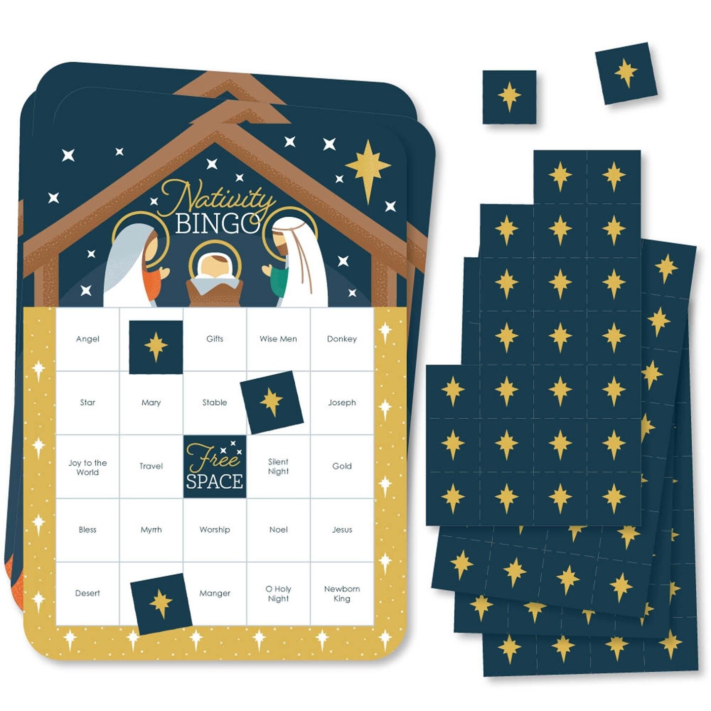 Big Dot of Happiness Holy Nativity - Bingo Cards and Markers - Manger Scene Religious Christmas Shaped Bingo Game - Set of 18