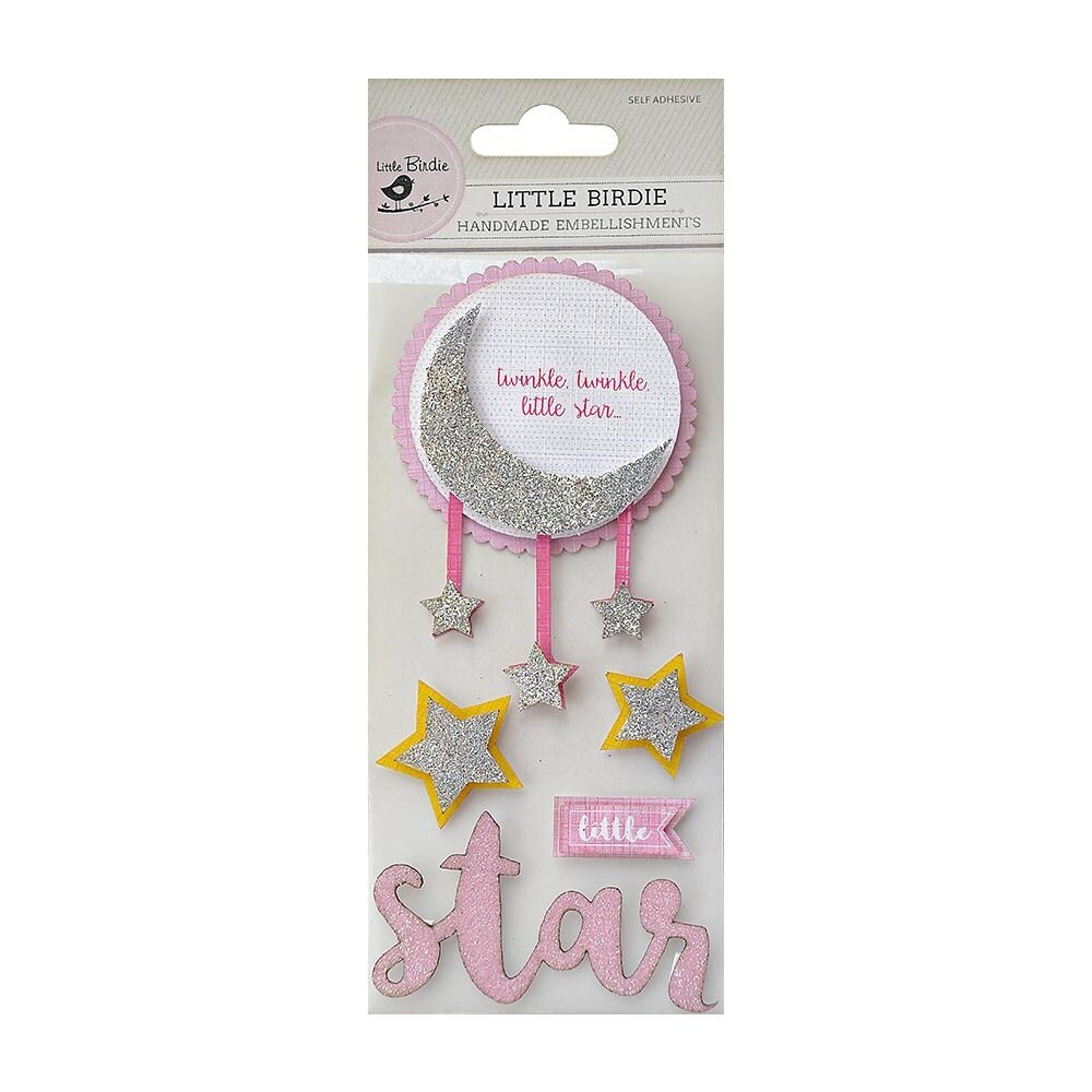 Little Birdie Foil and Glitter Sticker Embellishment 5/Pkg-Little Star Pink