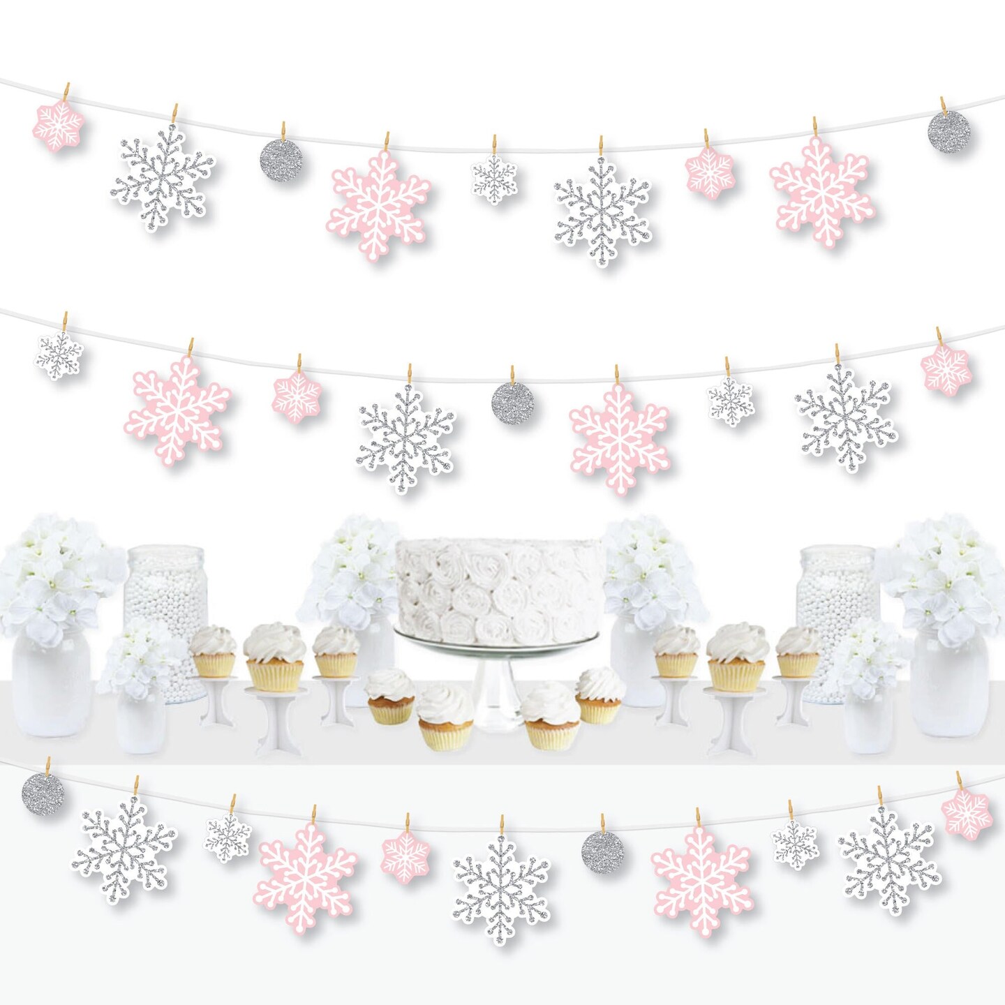 Big Dot of Happiness Pink Winter Wonderland - Holiday Snowflake Birthday Party and Baby Shower DIY Decorations - Clothespin Garland Banner - 44 Pieces