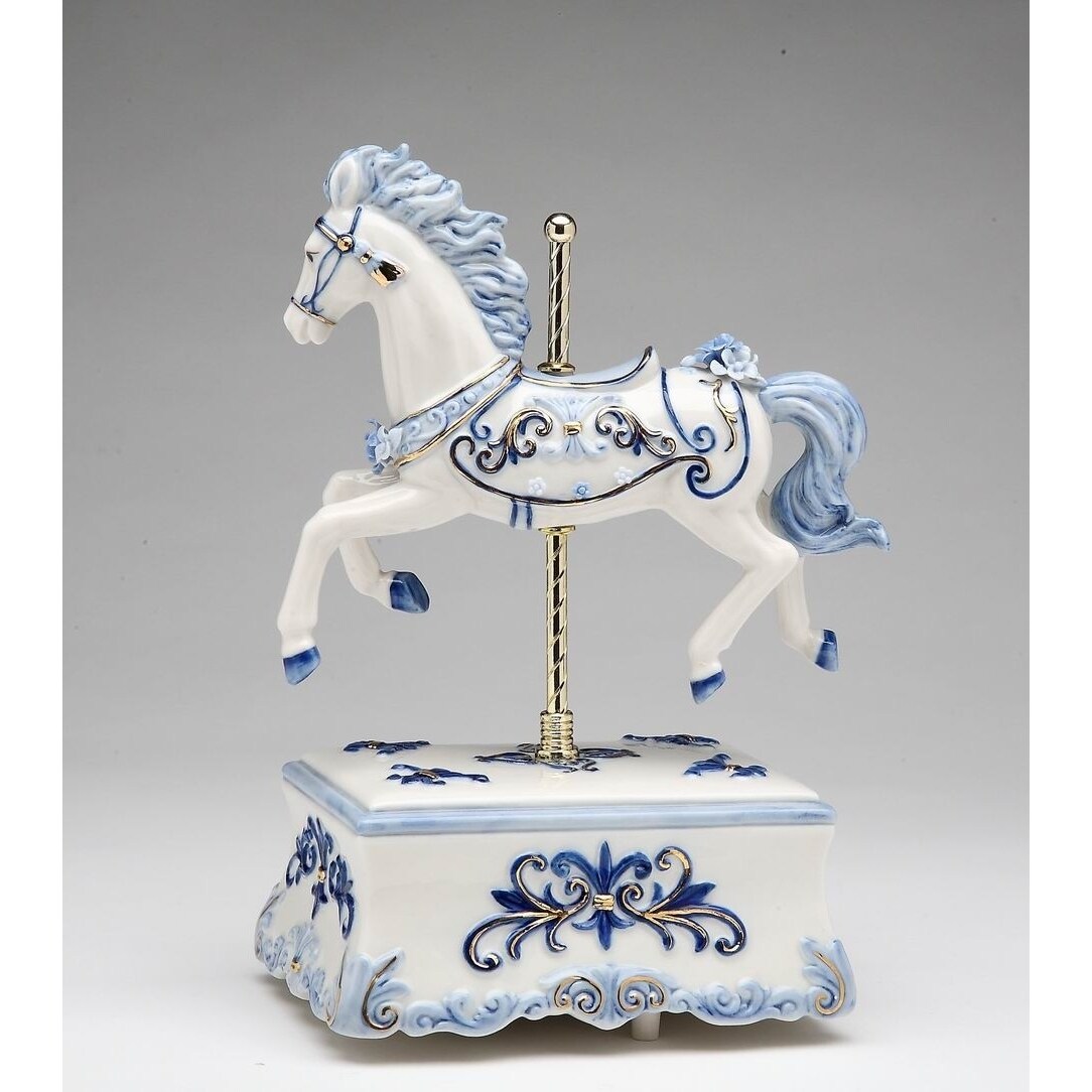 Ceramic Blue Carousel Horse Music Box 5.875X4x8.5