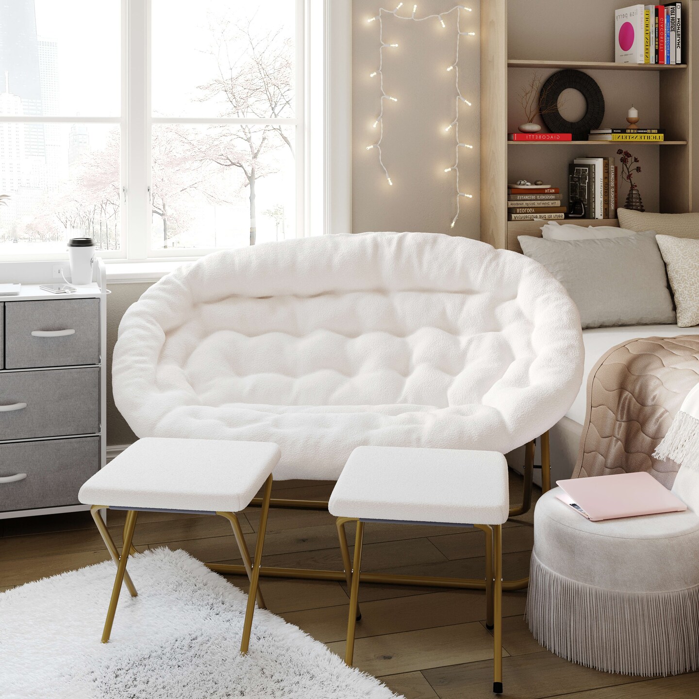 Emma and Oliver Janey Folding Double Saucer Chair with 2 Ottomans and Steel Frame for Dorm or Bedroom