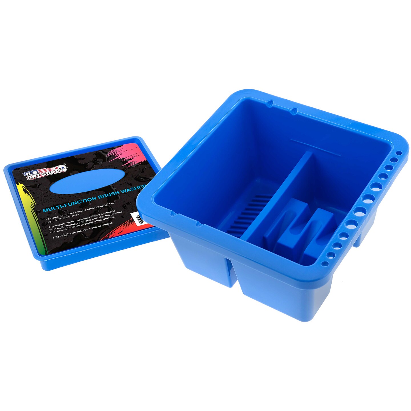 12 Hole Multi-Function Plastic Brush Washer, Cleaner &#x26; Holder with Palette Lid - Clean, Dry, Rest, Store, Hold Artist Paint Brushes - Cleaning Acrylic