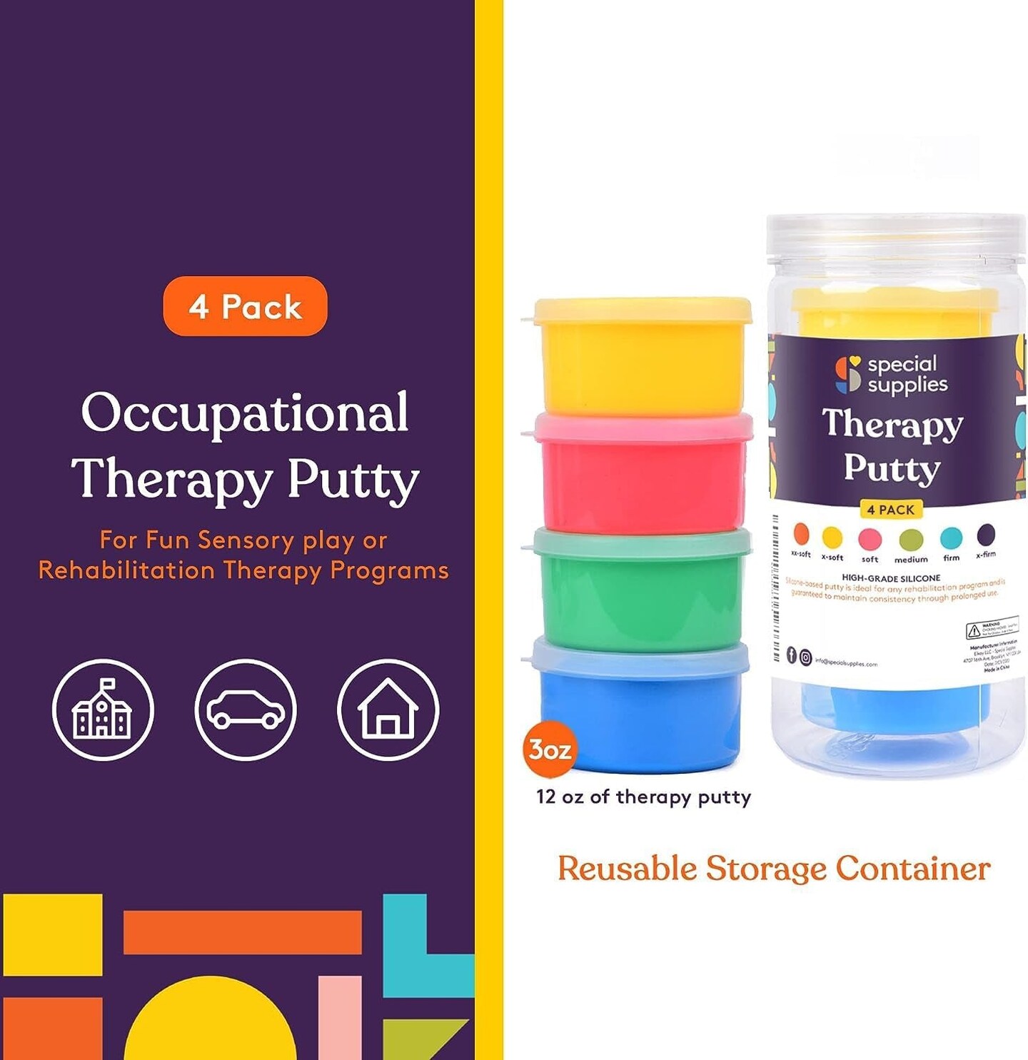 Therapy Putty for Kids and Adults - Resistive Hand Exercise Stress Relief Therapy Putty Kit, Set of 4 Strengths, Three Ounces of Each Putty