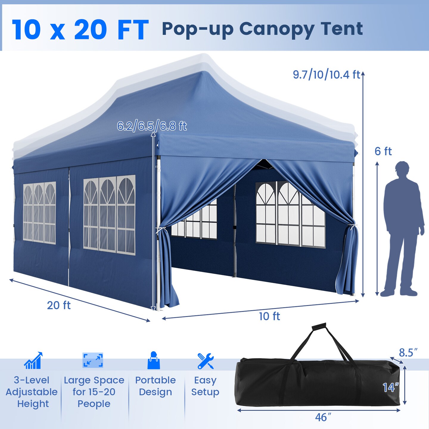 10 X 20 Ft Pop Up Canopy With 6 Sidewalls And Windows And Carrying Bag For Party Wedding Picnic