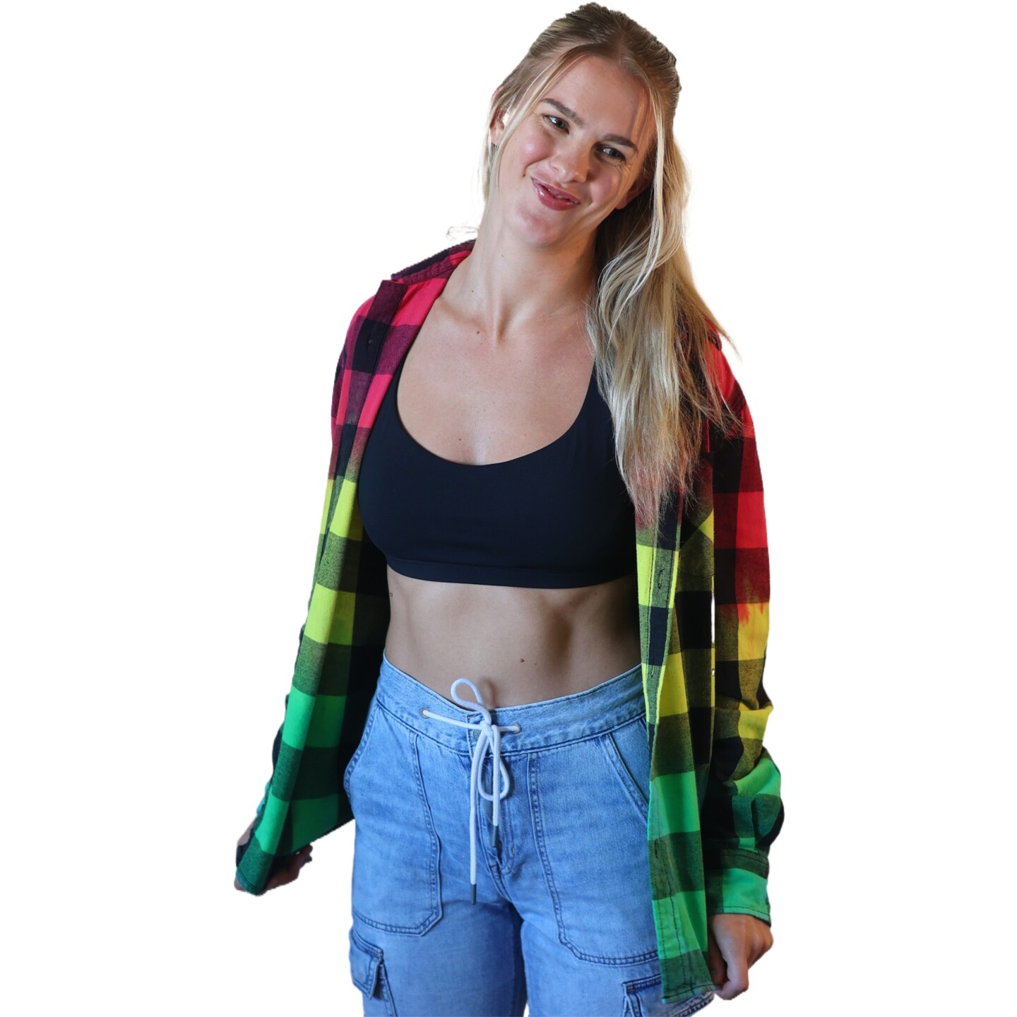 Rasta Tie Dye Flannel - Women's Red Yellow Green Oversized Reggae Buffalo Plaid Shirt product 3