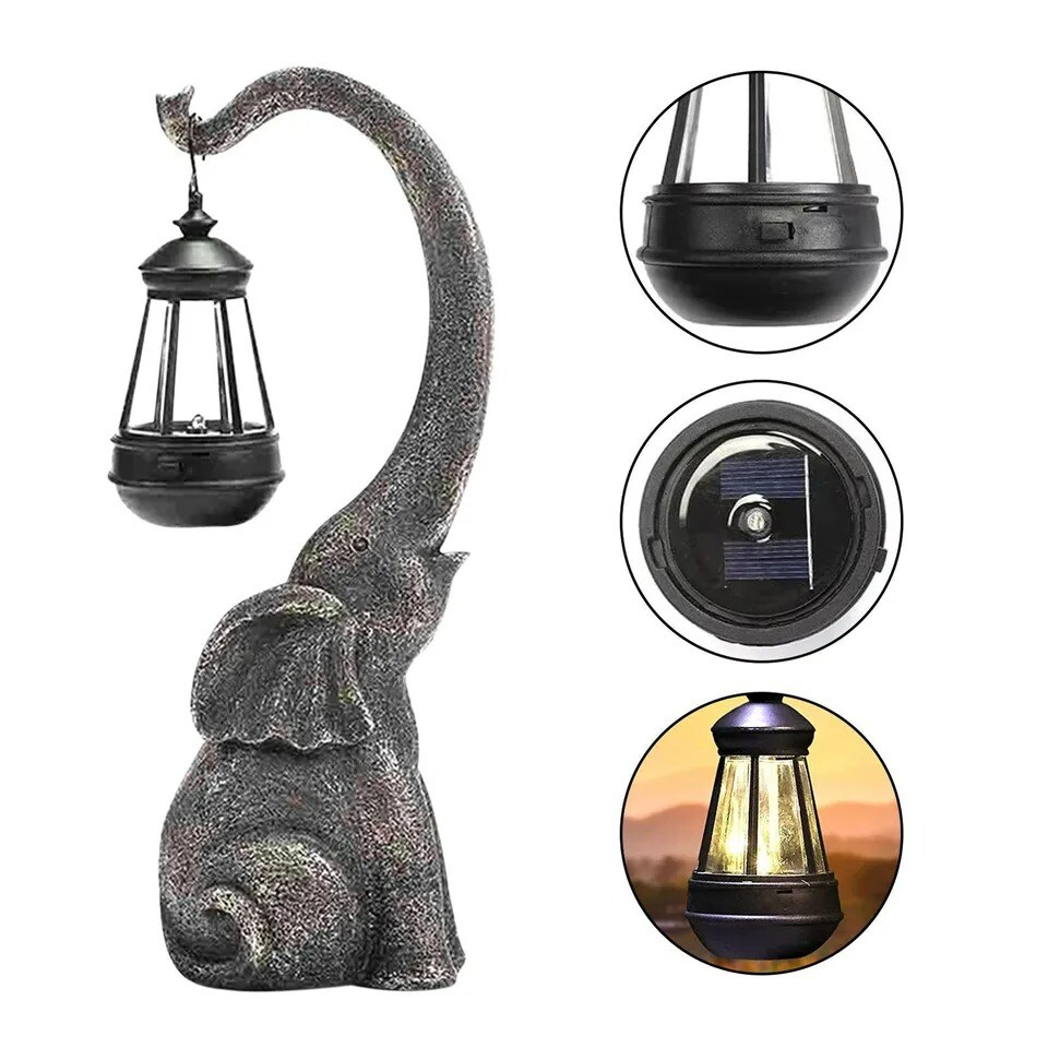 Solar Powered Retro Garden Lights Lamp Elephant Decor Resin Craft Yard Ornament