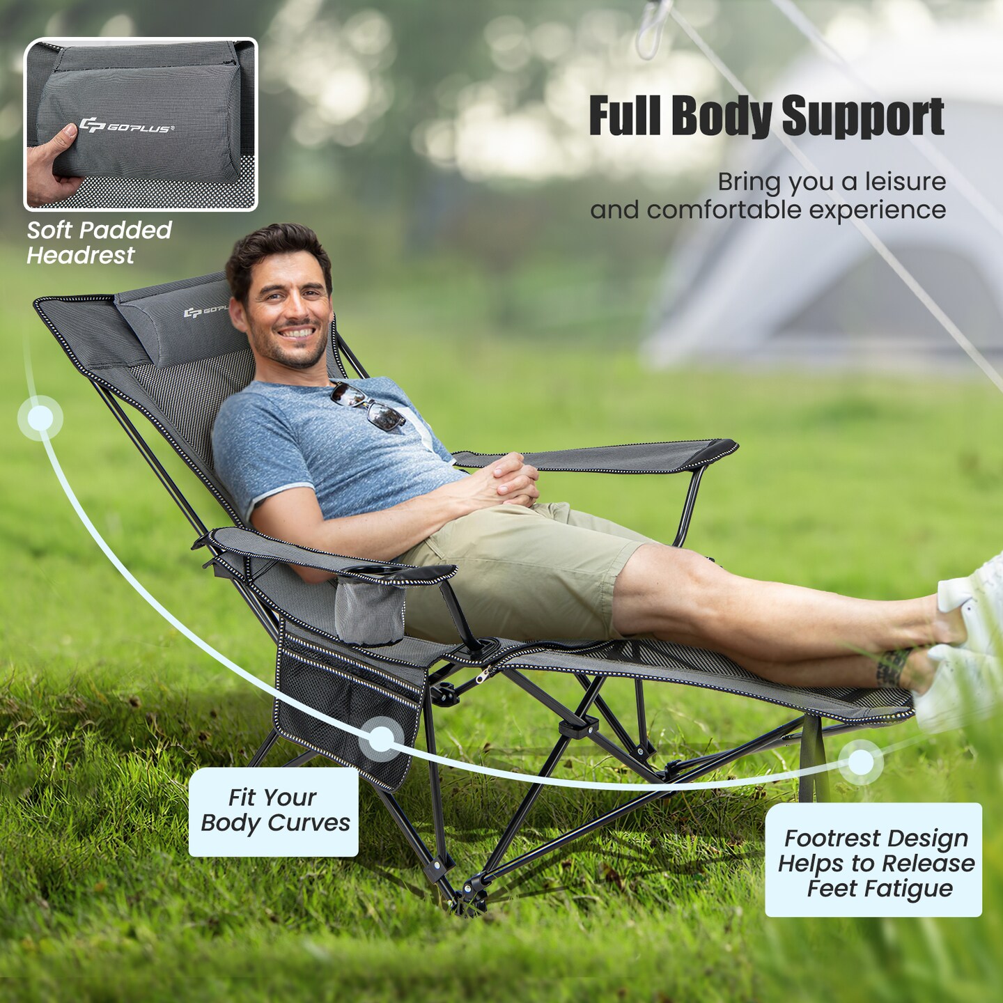 Camping Lounge Chair With Detachable Footrest Adjustable Backrest