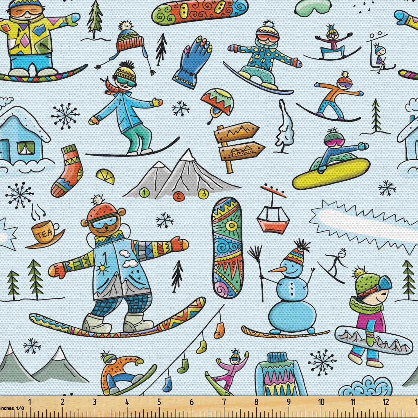 Ambesonne Winter Fabric by the Yard, Seasonal Sports Skiing Boy Mountain Ice Snowman Alpine Vacation Theme, Decorative Fabric for Upholstery and Home Accents, Multicolor