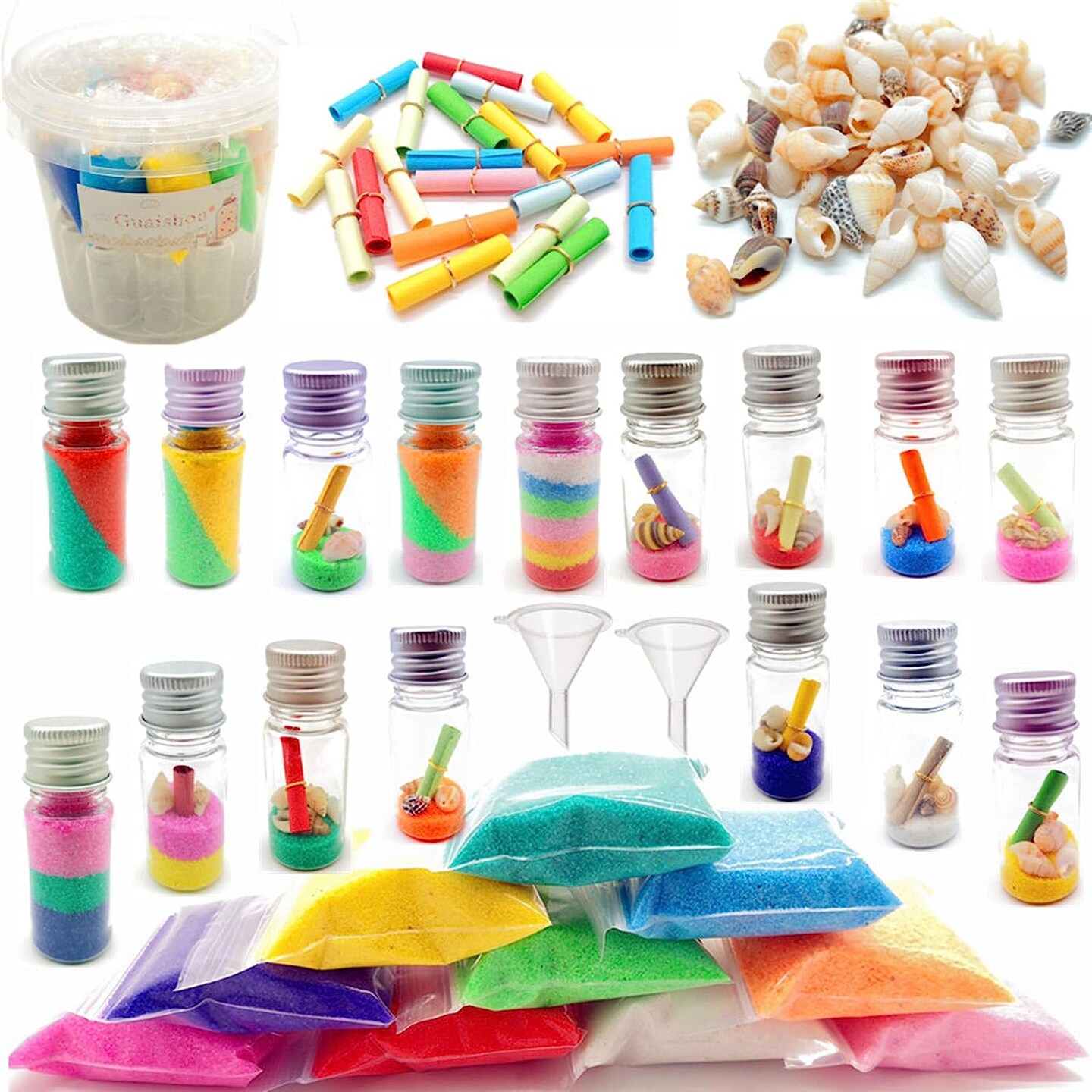 DIY Sand Art and Craft Kit Wishing Bottles, Colorful Sands Beach Sea Shell Message Paper