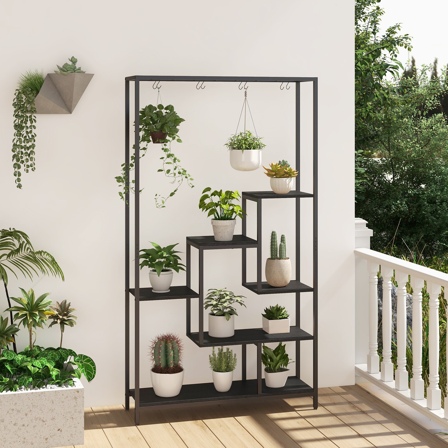 6-tier Tall Plant Stand 71" Metal Indoor Plant Shelf With 10 Hanging Hooks