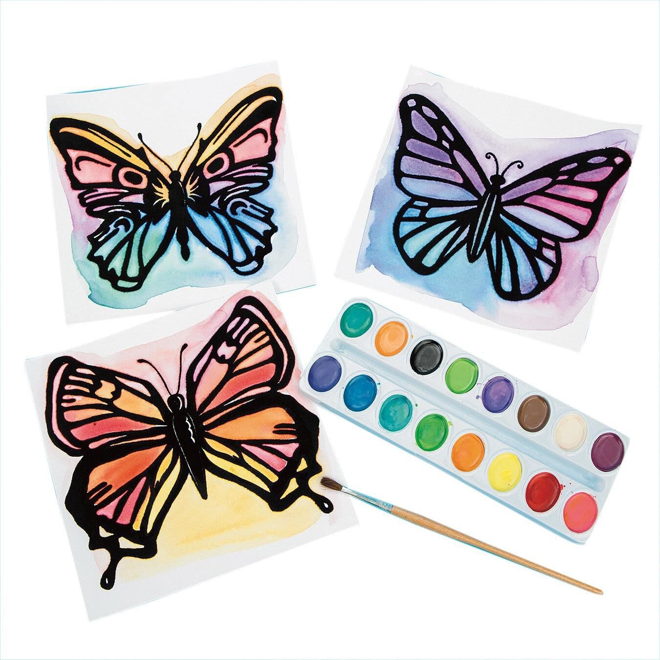 S&#x26;S Worldwide Watercolor Velvet Art Butterfly Posters, 10 ea of 3 Designs Printed in Black Flocking on Real Watercolor Paper, Use Pan or Liquid Watercolor Paint, Kids &#x26; Adults, 6-1/2&#x22; Sq, Pack of 30.