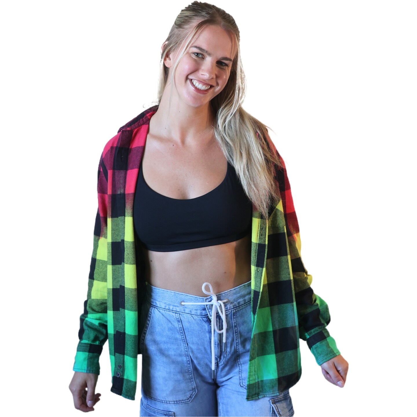 Rasta Tie Dye Flannel - Women's Red Yellow Green Oversized Reggae Buffalo Plaid Shirt product 2