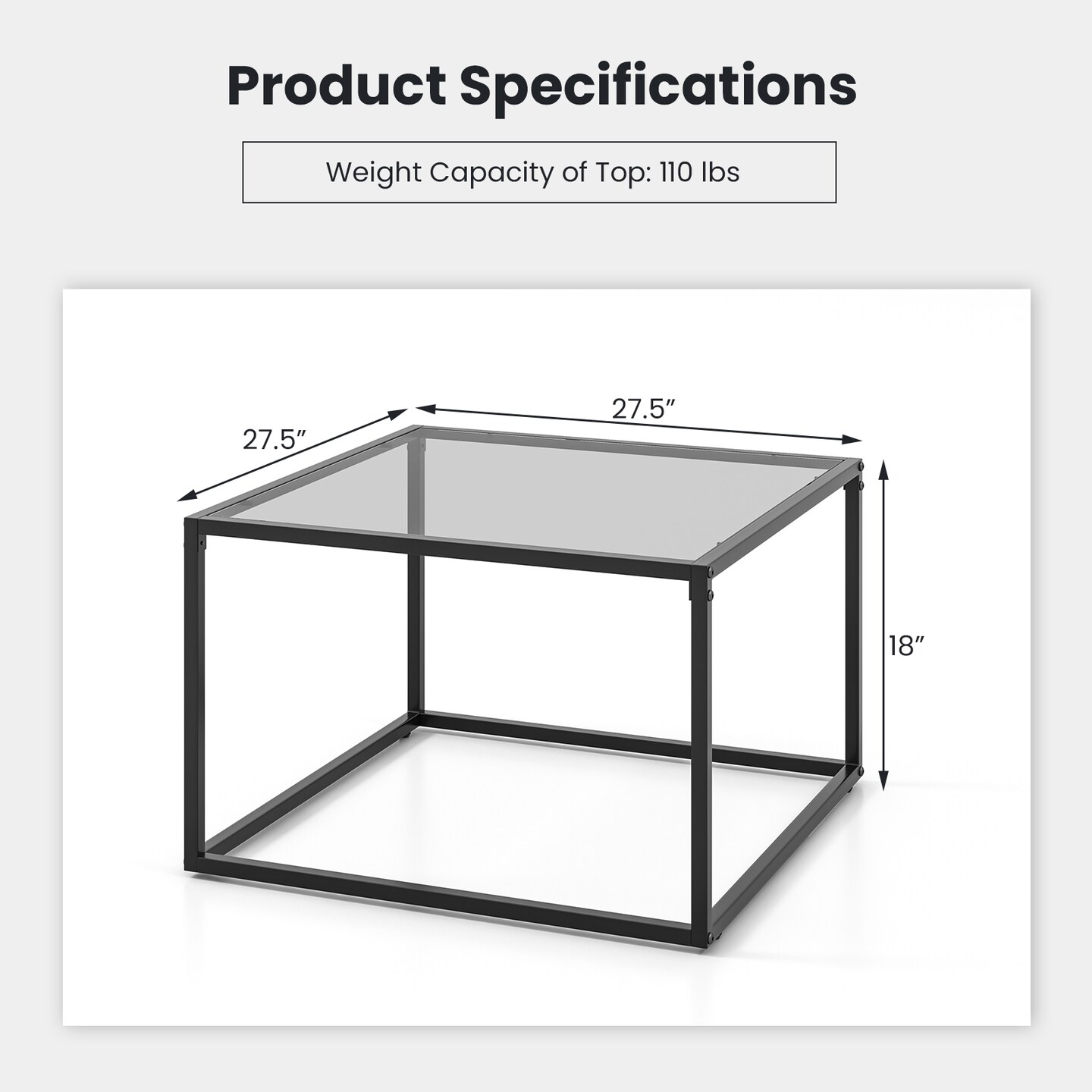 27.5 Inch Home Square Tea Table With Heavy-duty Metal Frame