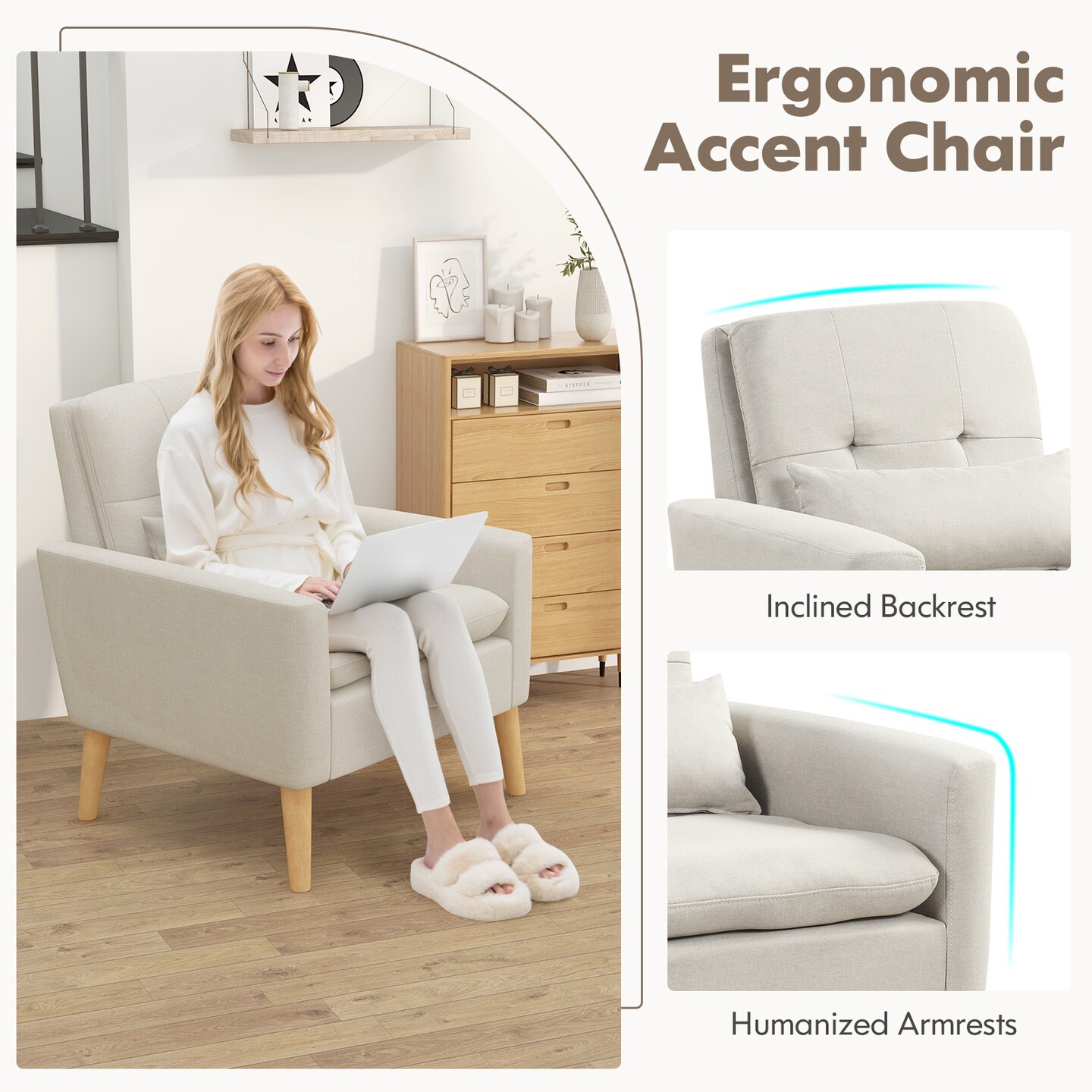 Accent Chair With Lumbar Pillow  Natural Rubber Wood Legs  Padded Cushions-beige
