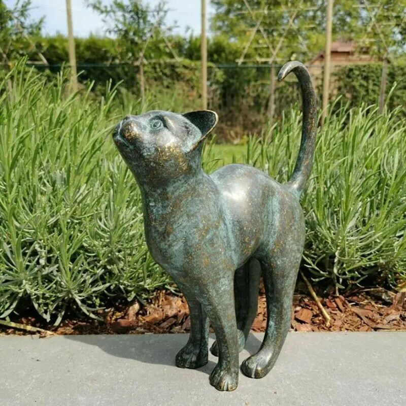 Cat Resin Bronze Lawn Porch Yard Home Garden Outdoor Sculpture Statue Decoration