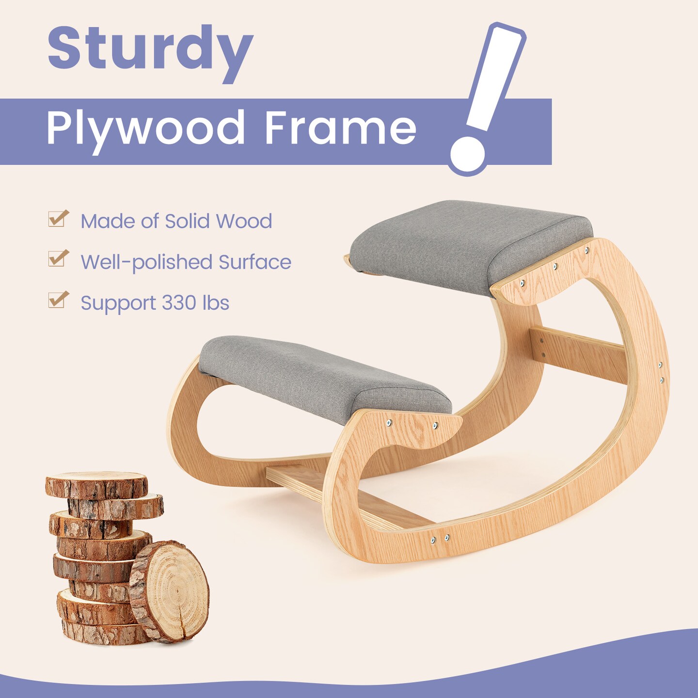 Wooden Rocking Chair With Comfortable Padded Seat Cushion And Knee Support