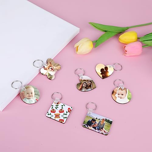 135 Pieces Sublimation Keychain Blanks Bulk,MDF Keychain Double Sided Heat Transfer Keychain Board with Film,Key Rings, Plastic Retaining Clips for DIY and Craft(Round, Rectangle, Bone, Square, Heart)