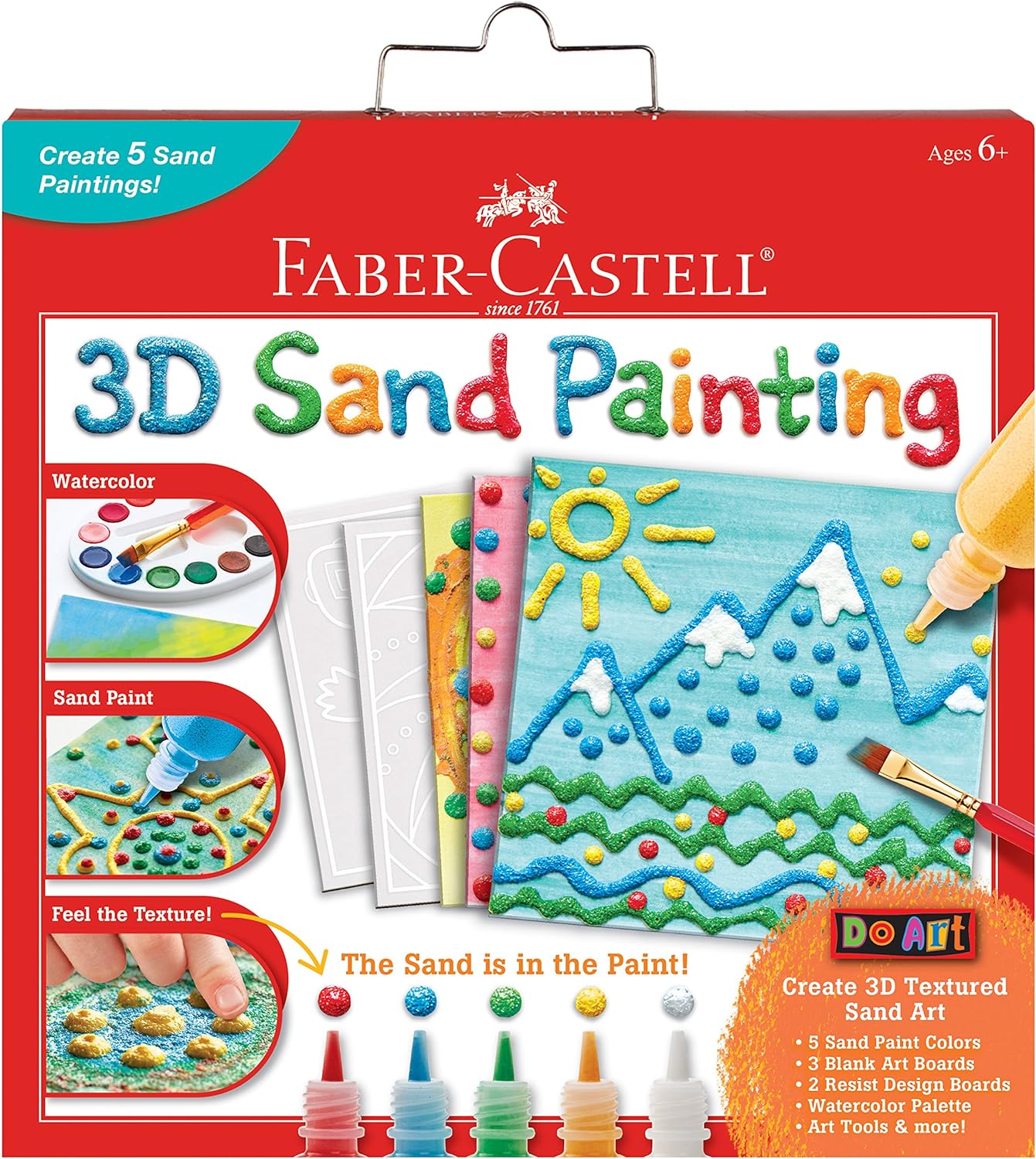 3D Sand Painting Kit for Kids: Make 5 Sand Art Pictures, DIY Arts and Crafts for Kids Ages 6-8+, Art Projects and Gifts for Girls and Boys, Red, yellow, green, blue, and white.