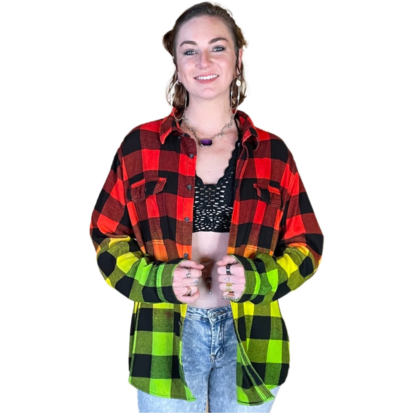 Rasta Tie Dye Flannel - Women's Red Yellow Green Oversized Reggae Buffalo Plaid Shirt product 4