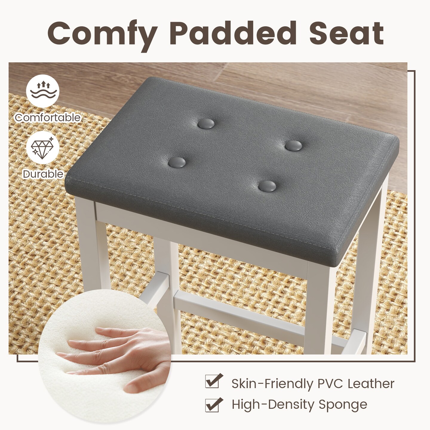 24&#x22; Bar Stools With Padded Seat Footrest And Rubber Wood Frame