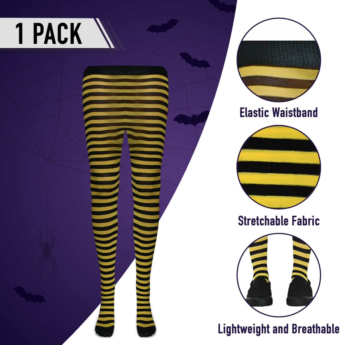 Black and Yellow Tights - Striped Nylon Bumble Bee Stretch Pantyhose Stocking Accessories for Every Day Attire and Costumes for Teens and Children