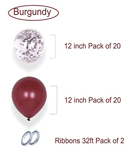 42 Pack Party Balloons - Metallic Burgundy and Confetti Latex Helium Balloons with 64ft Ribbons | 12 Inch Maroon Chrome Balloon Decoration Set