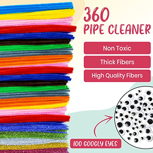 460 Pcs, 360 Pipe Cleaners+100 Googly Eyes | Vibrant Assorted 30 Colors of Craft Chenille Stems - Multicolor Pipe Cleaners Craft Supplies for DIY Arts, and Home &#x26; School Crafts Projects