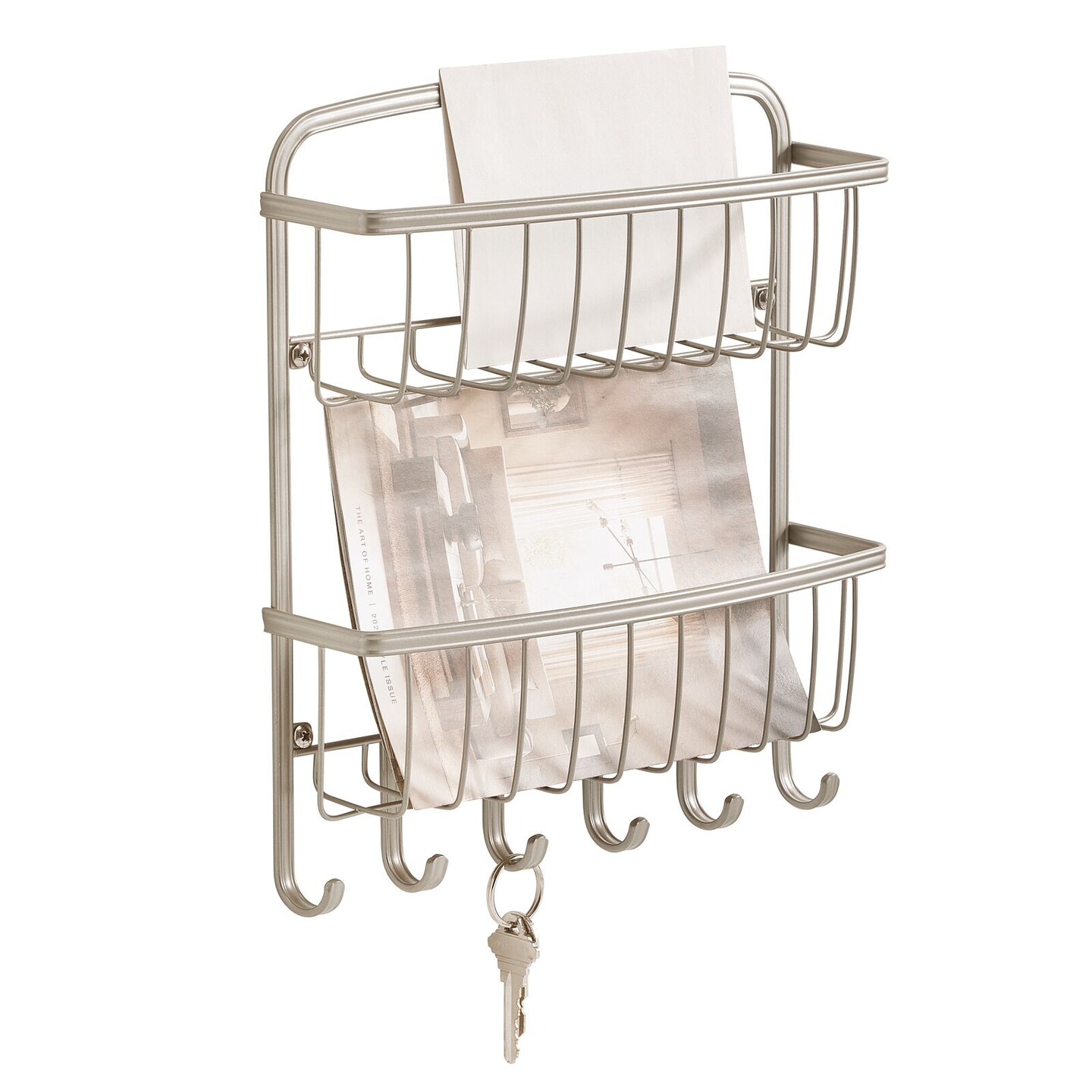 Mdesign Wall Mount 2 Tier Metal Mail Organizer Storage Basket, 6 Hooks :  Target