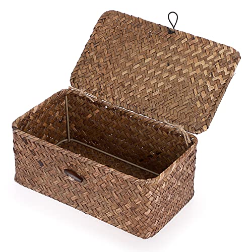 Hipiwe Wicker Shelf Baskets Bin with Lid Handwoven Seagrass