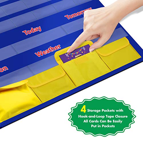 Calendar and Weather Pocket Chart with 148 Cards 108 Illustrated Activity Cards 40 Dry Erasable Flash Cards and 3 Hooks 28 x 35.5 Inches