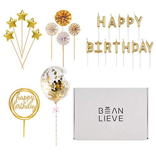 Birthday Candles Set - Cake Topper Decoration with Cake Candles Confetti Balloon Stars and Fan Cupcake Toppers 12 Pieces Birthday Cake Decor for Birthday Party Celebration (Gold)