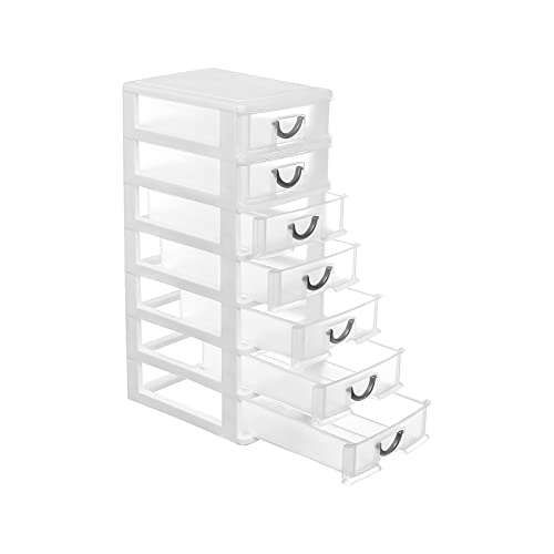 Rempry 7.1x5.1x13.2 Mini Organizer Box Storage Container Case with 7  Clear Desktop Drawer Units,White