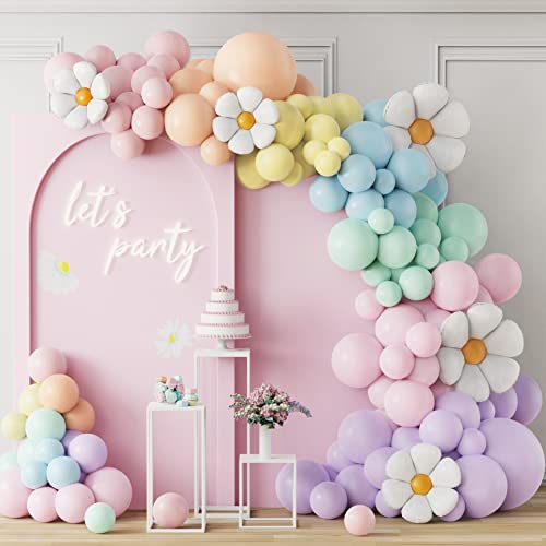 157-Piece Daisy Balloon Garland Arch Kit - White Groovy Daisy Flower and Macaron Pastel Balloons for Baby Shower, Daisy Theme Wedding, Girls' Birthday, and Boho Party Decorations