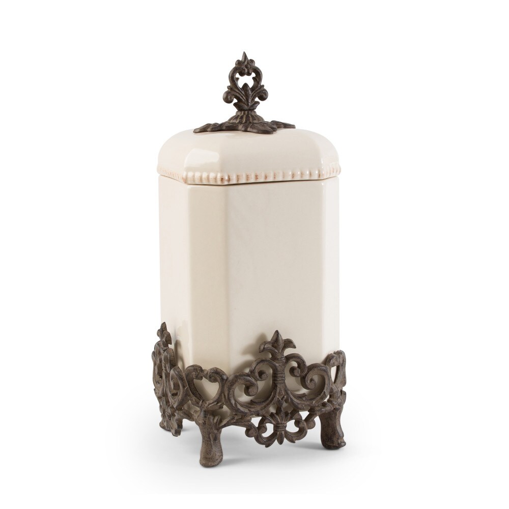 Gerson 16" Cream and Bronze Provencial Canister with Fleur De Lis Metal Base