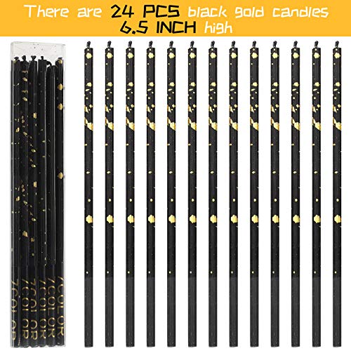 24 Pieces Birthday Candles Long Thin Cake Candle Cupcake Candles for Birthday Wedding Anniversary Graduation Retirement Party Decoration (Black Gold)