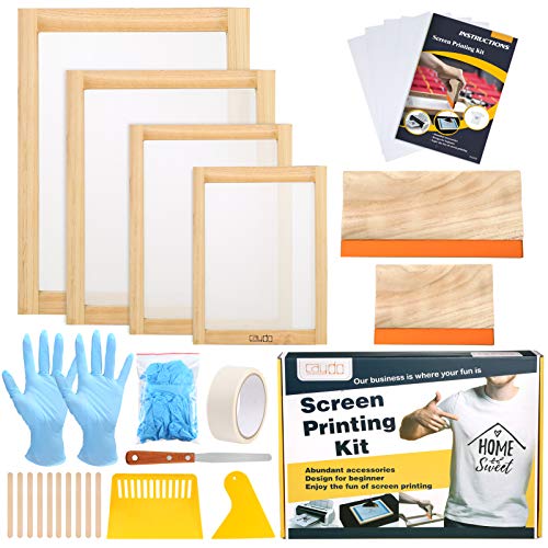 31 Pieces Screen Printing Starter kit Include 4 Different Size of Wood Silk Screen Printing Frame with 110 Mesh, Squeegees, Inkjet Transparency Film, Ink Knife, Gloves and Mask Tape