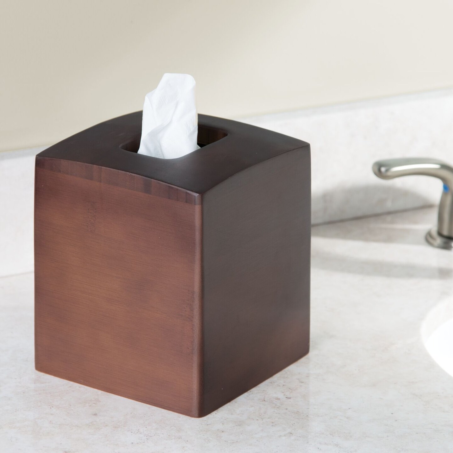 mDesign Square Bamboo Paper Facial Tissue Box Cover Holder, 2 Pack