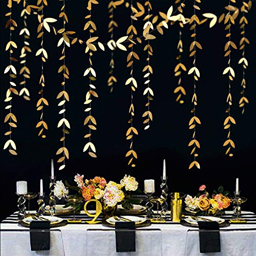 Gold Leaf Garland Hanging Decorations, 52 Ft Spring Party Banner, Paper Gold Leaves Streamer for Golden Wedding, Engagement, Bridal Shower, Birthday, Baby Shower, Summer, and Nature Tea Party Supplies