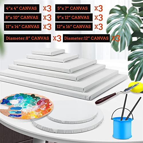 24 Pack Canvases for Painting with 4x4, 5x7, 8x10, 9x12, 11x14, 12x16, Round Canvas with 12x12, 8x8, 3 of Each, Painting Canvas for Oil & Acrylic Paint.