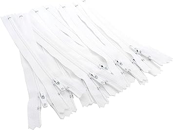 9 Inch White Color YKK Zippers Number 3 Nylon Coil Set of 12 Pieces