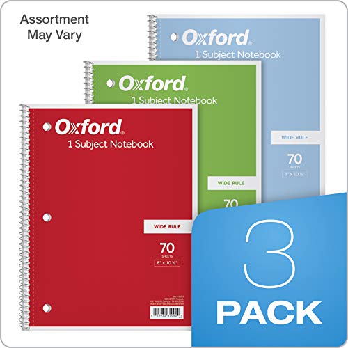Oxford 1-Subject Notebooks, 8" x 10-1/2", Wide Rule, 70 Sheets, 3 Pack, Color Assortment May Vary (65029)