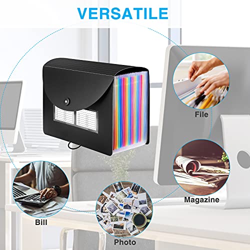 24 Pockets Expanding File Folder with Blank Labels, According File Organizer with Expandable Cover, Desktop Accordion Folders Letter A4 Paper Document Storage Organizer, Black
