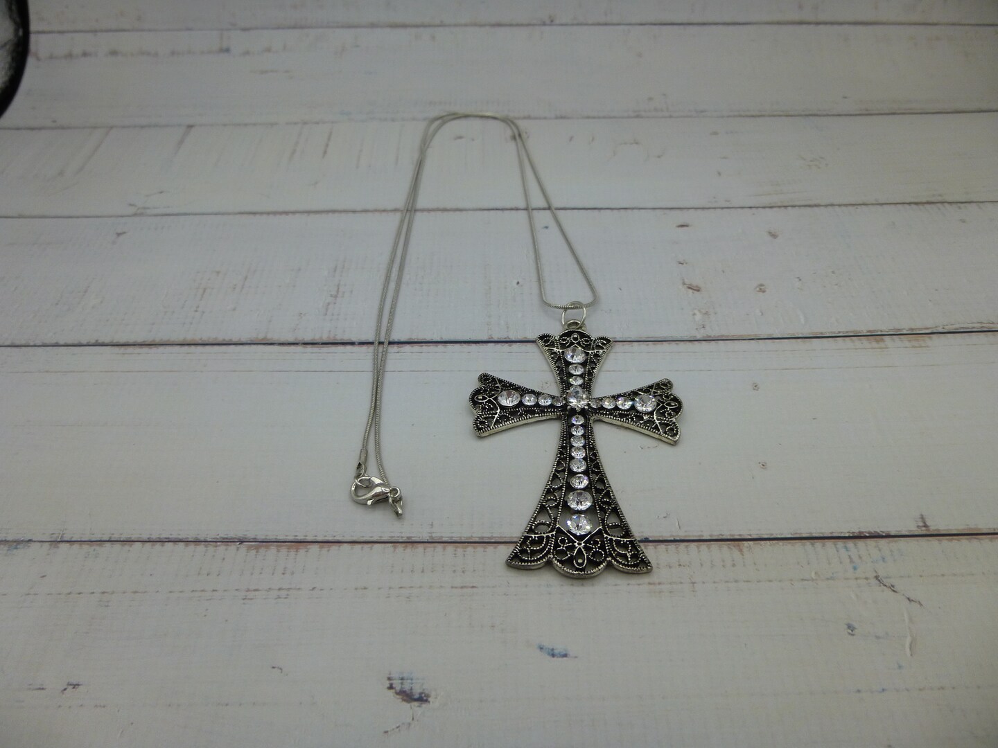 Rhinestone Cross Pendant Clear Color on 24 Inch Silver Plated Snake Chain  Jewelry Handcrafted Religious