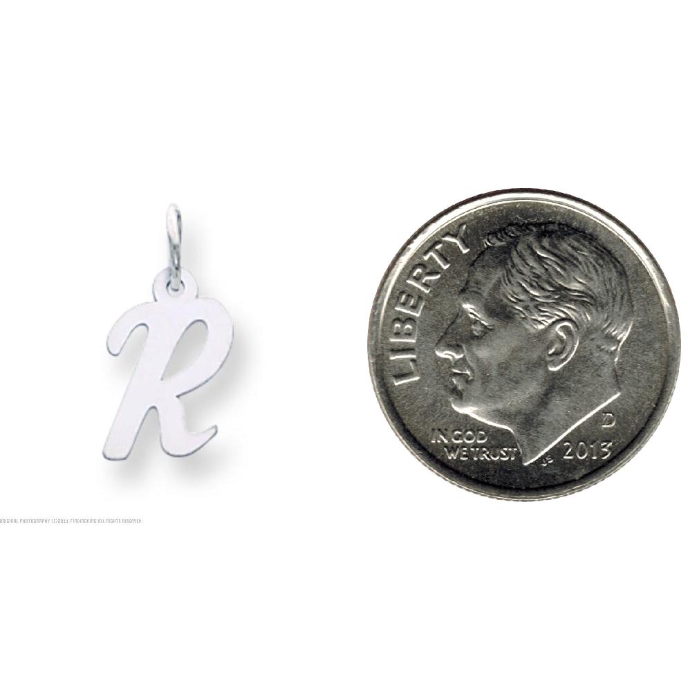 14K White Gold Small Script Initial Letter R Charm Jewerly 17mm x 8mm