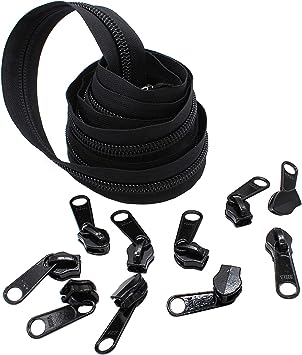 #10 Extra Heavy YKK Zipper Black Coil Chain - 5 Yards & 10 Long Pull Sliders - Made in The United States