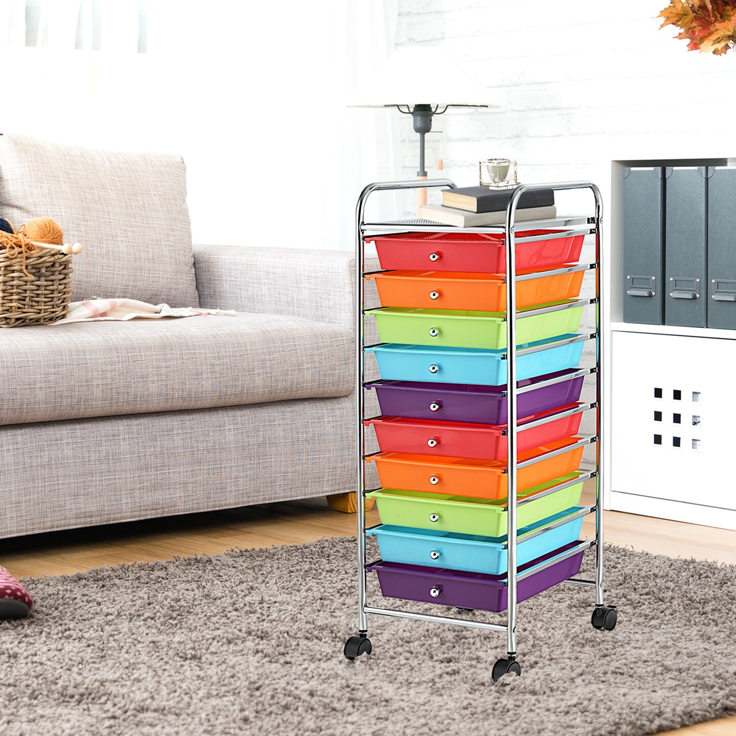 Costway 10 Drawer Rolling Storage Cart Scrapbook Office School Organizer Multicolor
